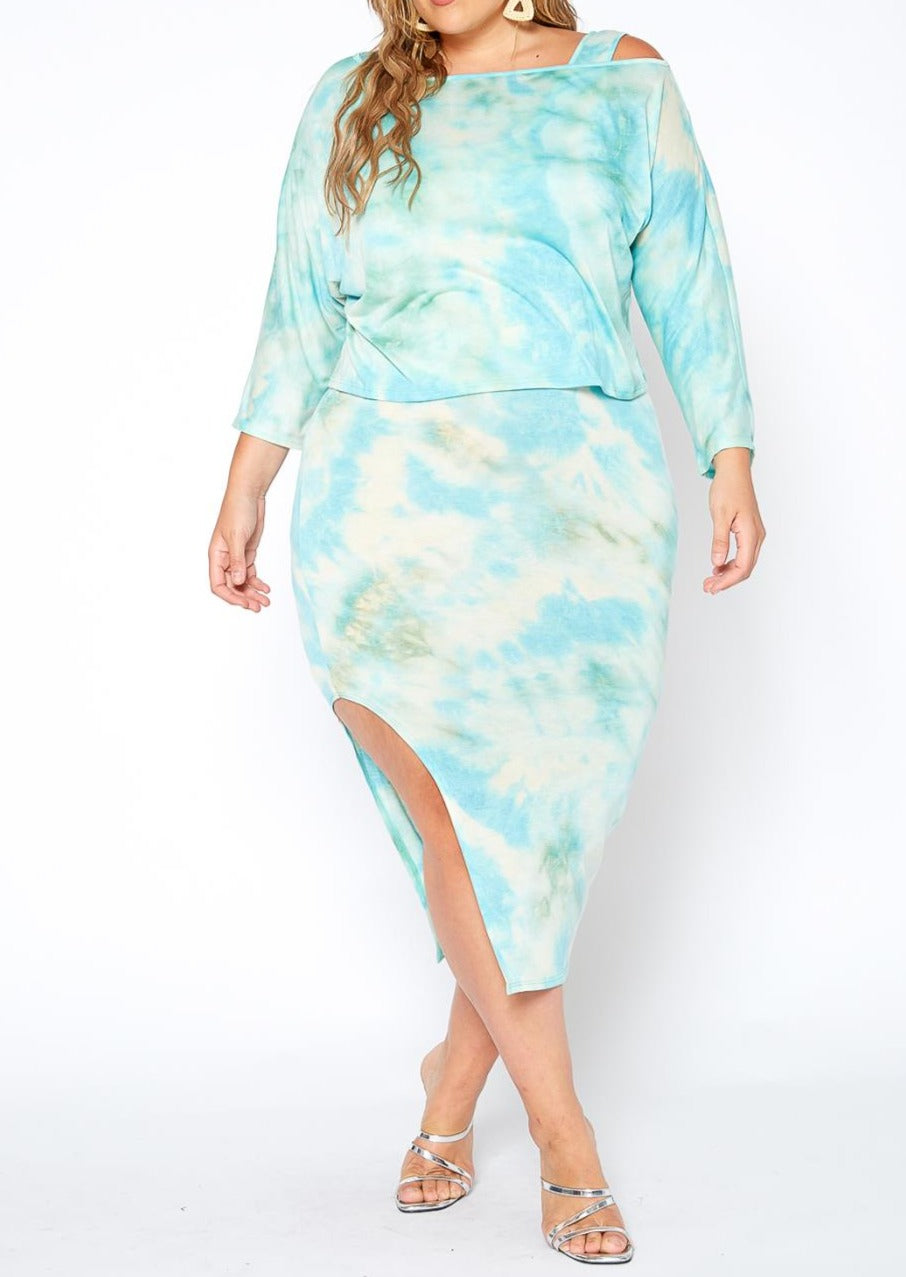 HI Curvy Plus Size Women Tie Dye Sweatshirt & Midi Dress Set