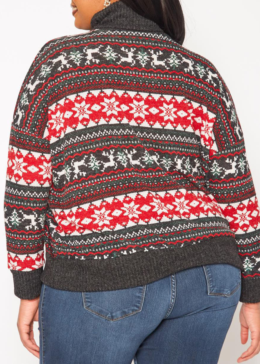 HI Curvy Plus Size Women Reindeer Print Turtle neck Sweater