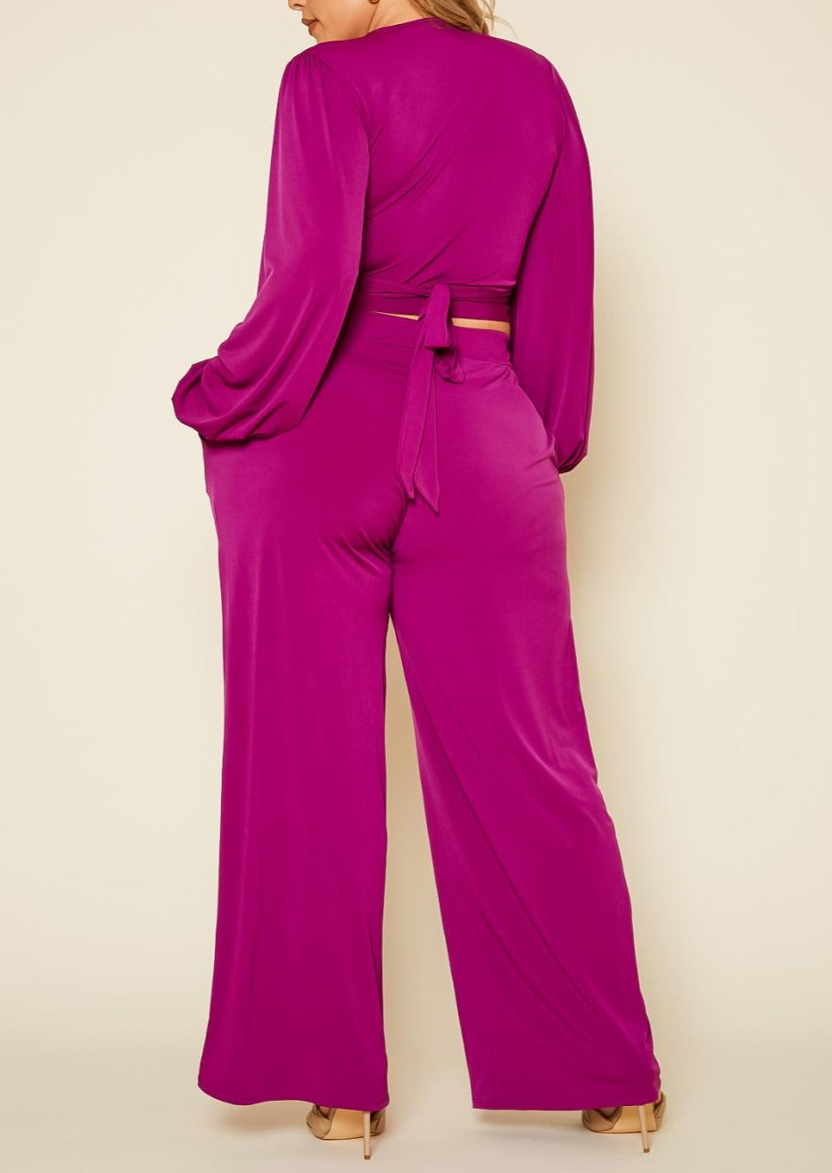 HI Curvy Plus Size Women Wrap Crop Top & Wide Pants Set Made in USA