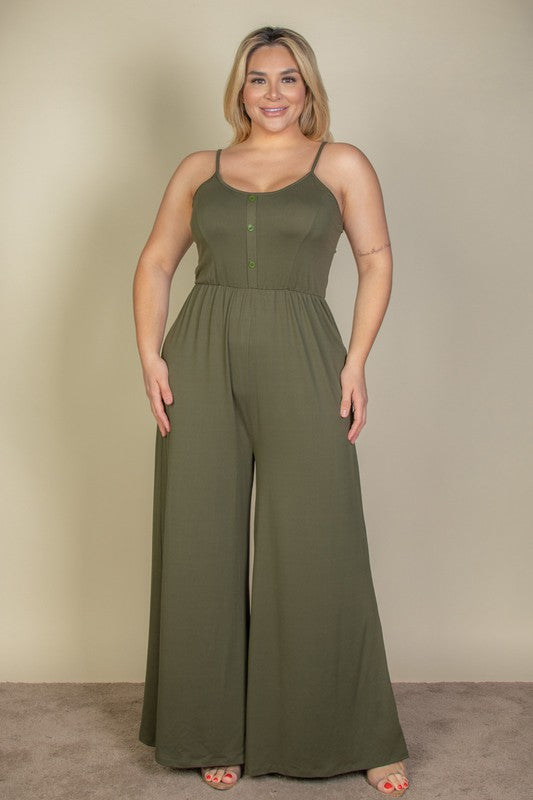 HI Curvy Plus Size Button Front Wide Leg Jumpsuit