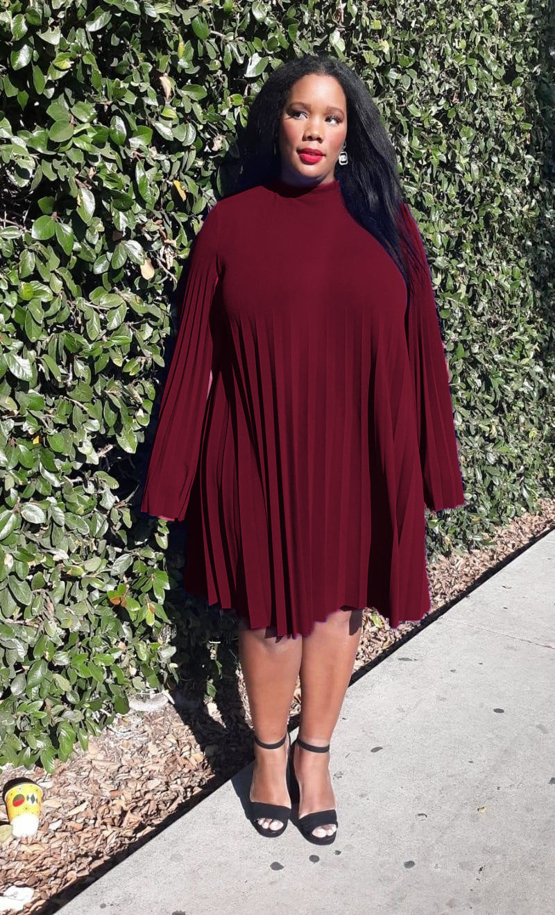 HI Curvy Plus Size Mock Neck Cape Sleeve Keyhole Back Pleated Knee Dress
