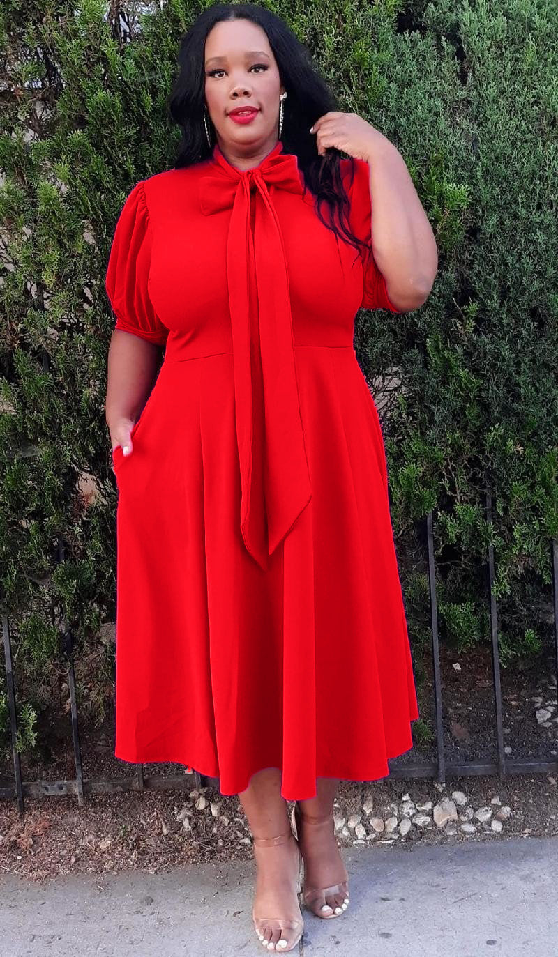 Plus Size Women Bow Collar Fit & Flare Midi Dress Plus Size Women Bow Collar Fit & Flare Midi Dress
