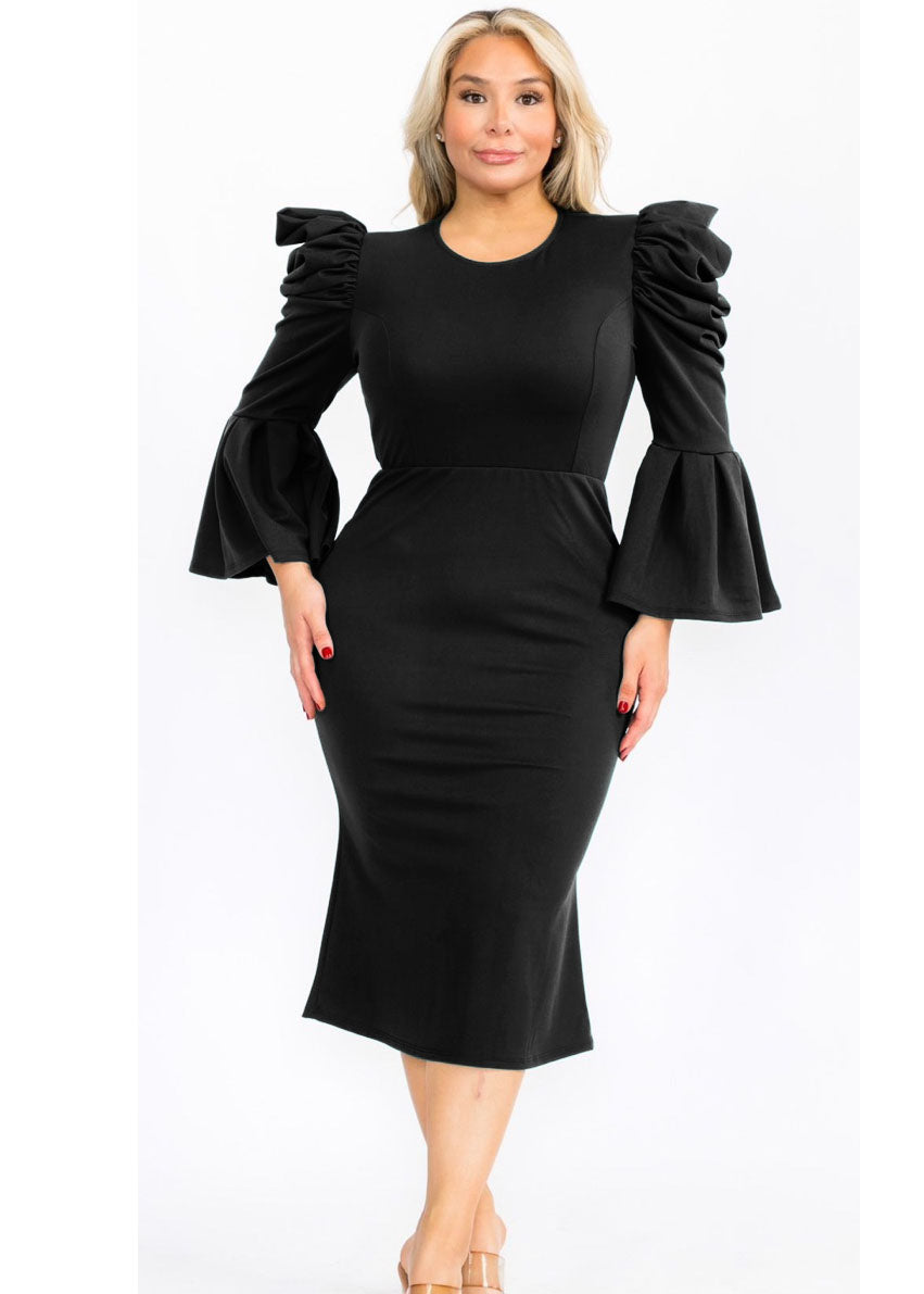 Plus Size Puffy Long Bell Sleeves Fit and Relax Midi Dress Plus Size Puffy Long Bell Sleeves Fit and Relax Midi Dress