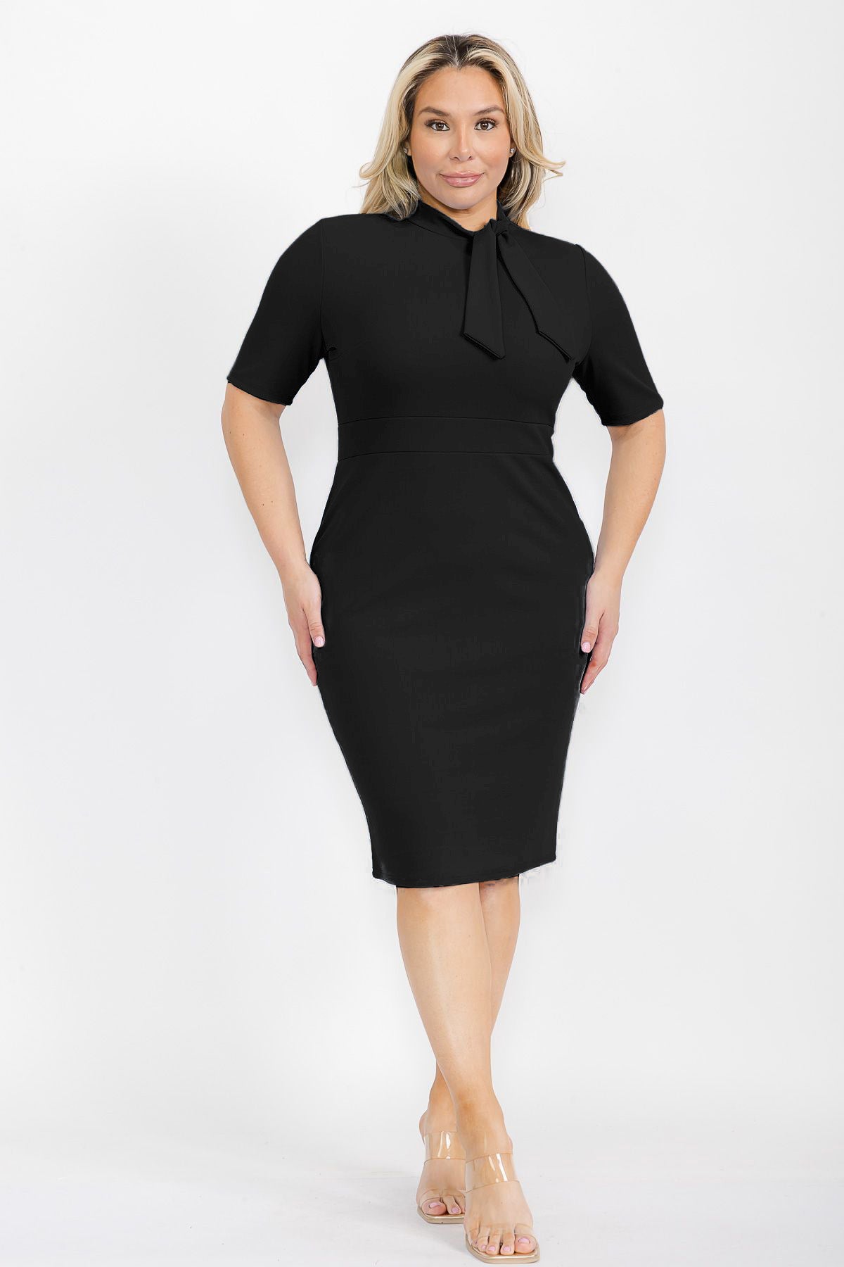 Plus Size Short Sleeves Peplum Knee Tie Neck Dress