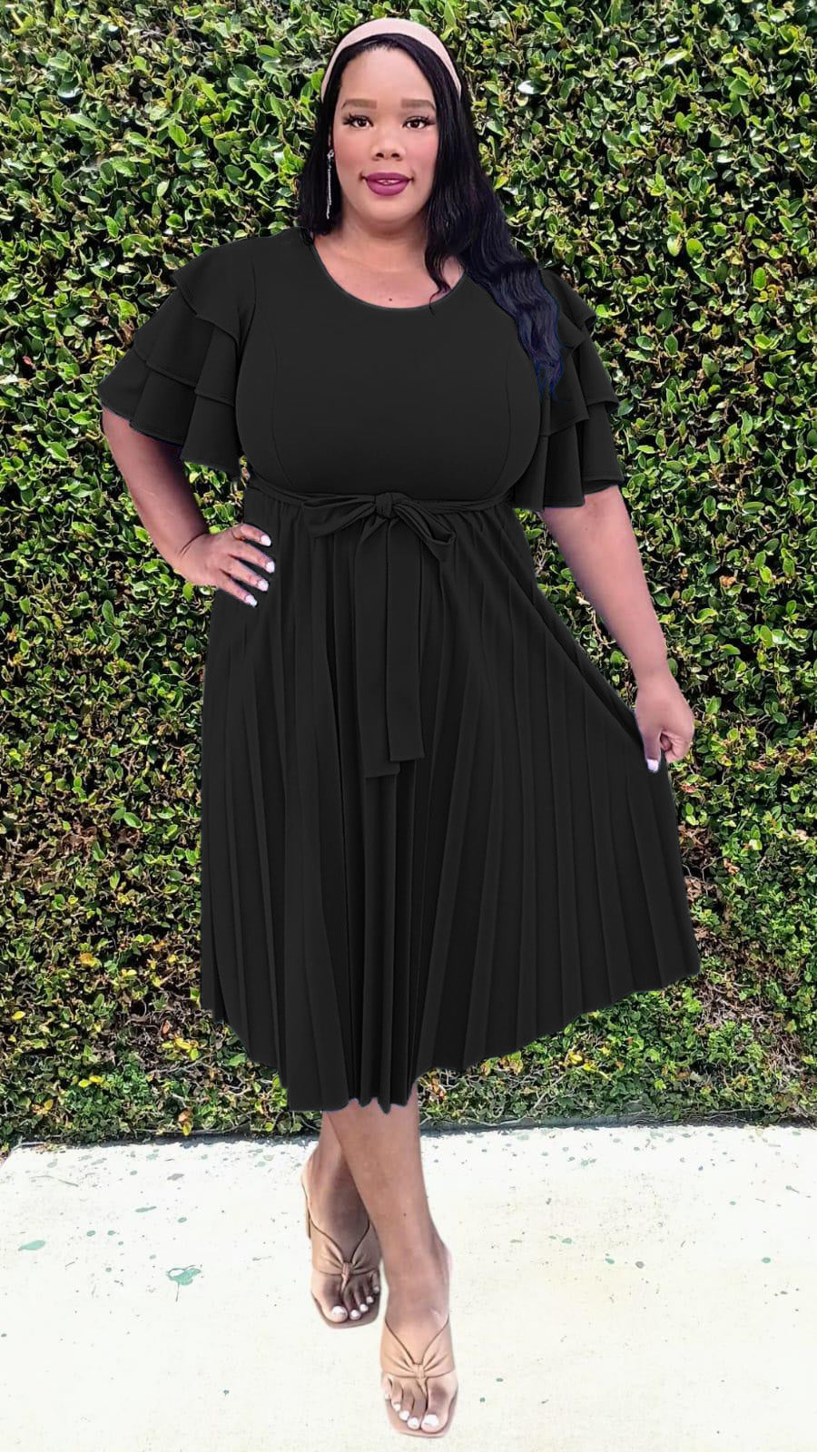 Plus Size double Ruffled Sleeves Pleated Flare Midi Dresses Made In USA Plus Size double Ruffled Sleeves Pleated Flare Midi Dresses Made In USA