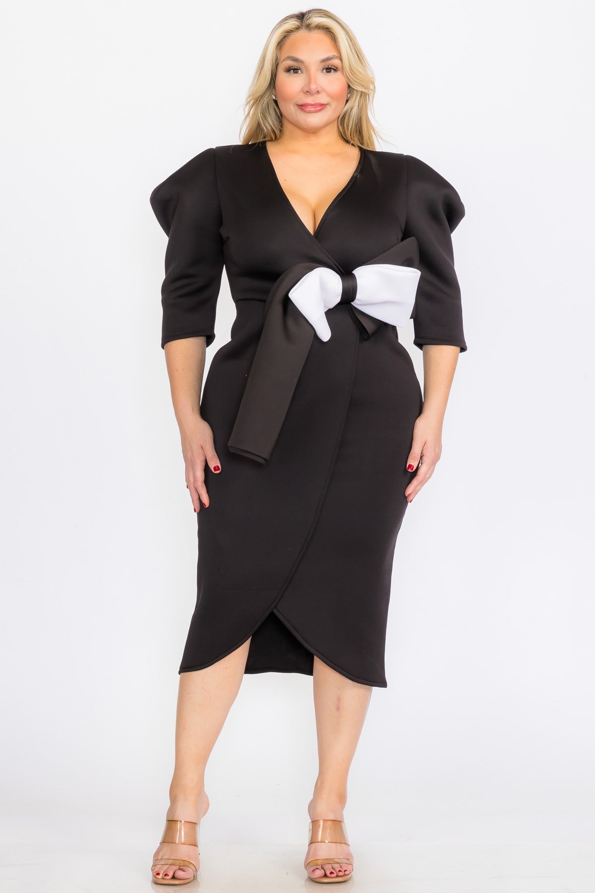 Plus Size Puffy Cap 3/Sleeves Wrap Peplum Midi Dresses with Bow Waist