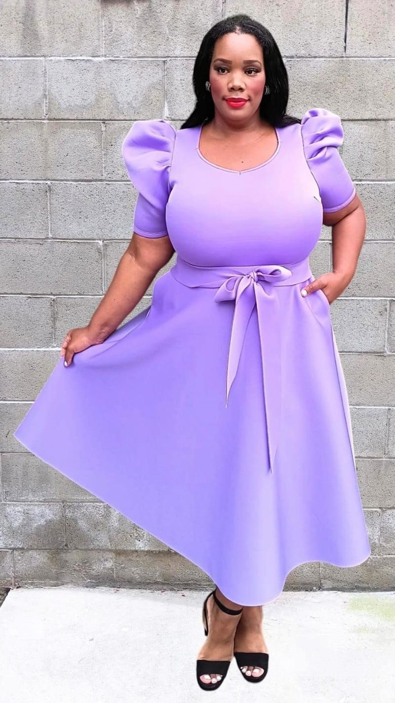 Plus Size short puff sleeves V-Neck Flowy Flare Midi Dress with Pocket Plus Size short puff sleeves V-Neck Flowy Flare Midi Dress with Pocket