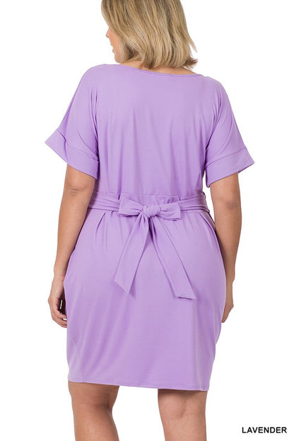 Hi Curvy Plus Size Women Brushed Tie Belt Dress