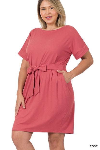Hi Curvy Plus Size Women Brushed Tie Belt Dress