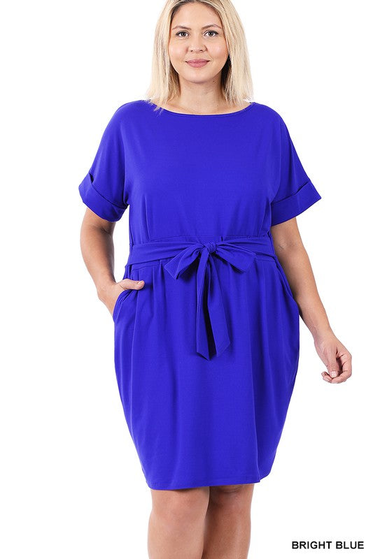 Hi Curvy Plus Size Women Brushed Tie Belt Dress