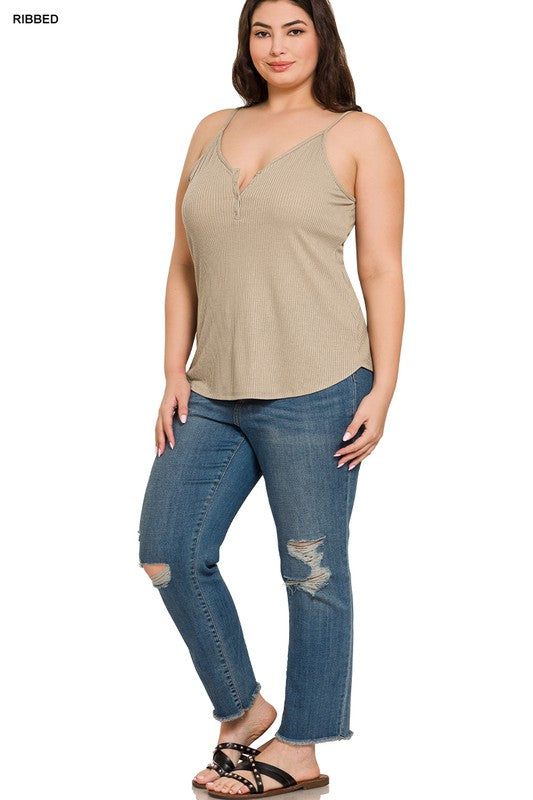 HI Curvy Plus Size Women Ribbed Half Snap Button Closure Cami Top