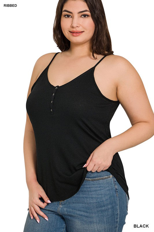 HI Curvy Plus Size Women Ribbed Half Snap Button Closure Cami Top