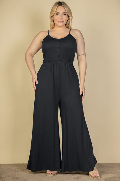HI Curvy Plus Size Button Front Wide Leg Jumpsuit