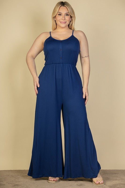 HI Curvy Plus Size Button Front Wide Leg Jumpsuit