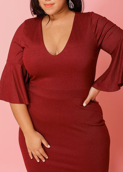HI Curvy Plus Size Women V-Neck Bell Sleeve Cocktail Dress
