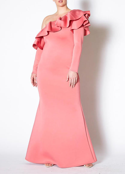 Plus Size Women One Shoulder Ruffle Gown Made in USA