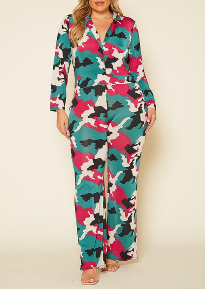 Hi Curvy Plus Size Camo Collared Jumpsuit