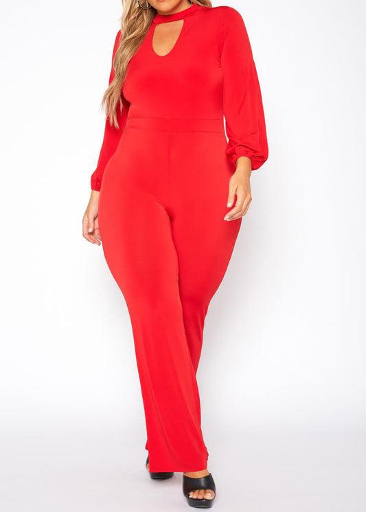 Hi Curvy Plus Size Women Keyhole Front Flare Leg Jumpsuit