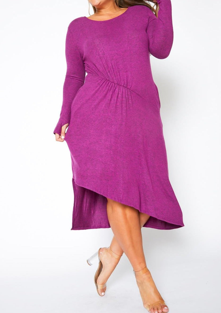 plus size long sleeve high low dress HI CURVY Plus Size Asymmetric Long Sleeve Midi Dress