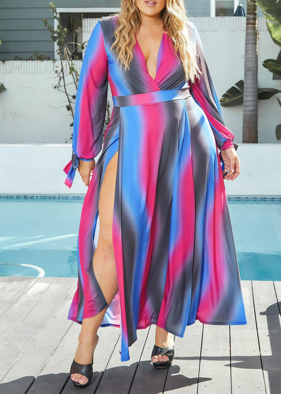 HI CURVY Plus Size Women Rasta Gradient Double Slit Hem Maxi Dress