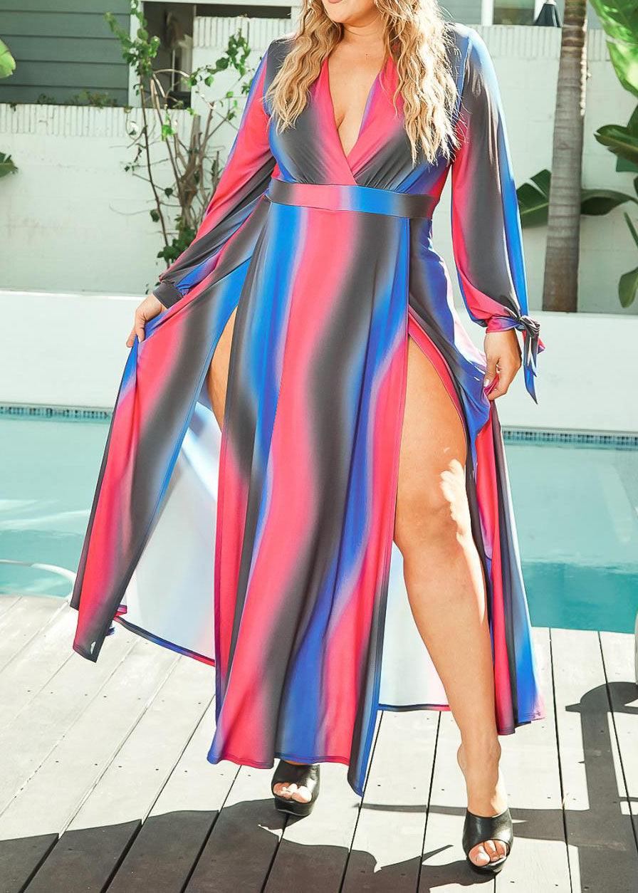 HI CURVY Plus Size Women Rasta Gradient Double Slit Hem Maxi Dress