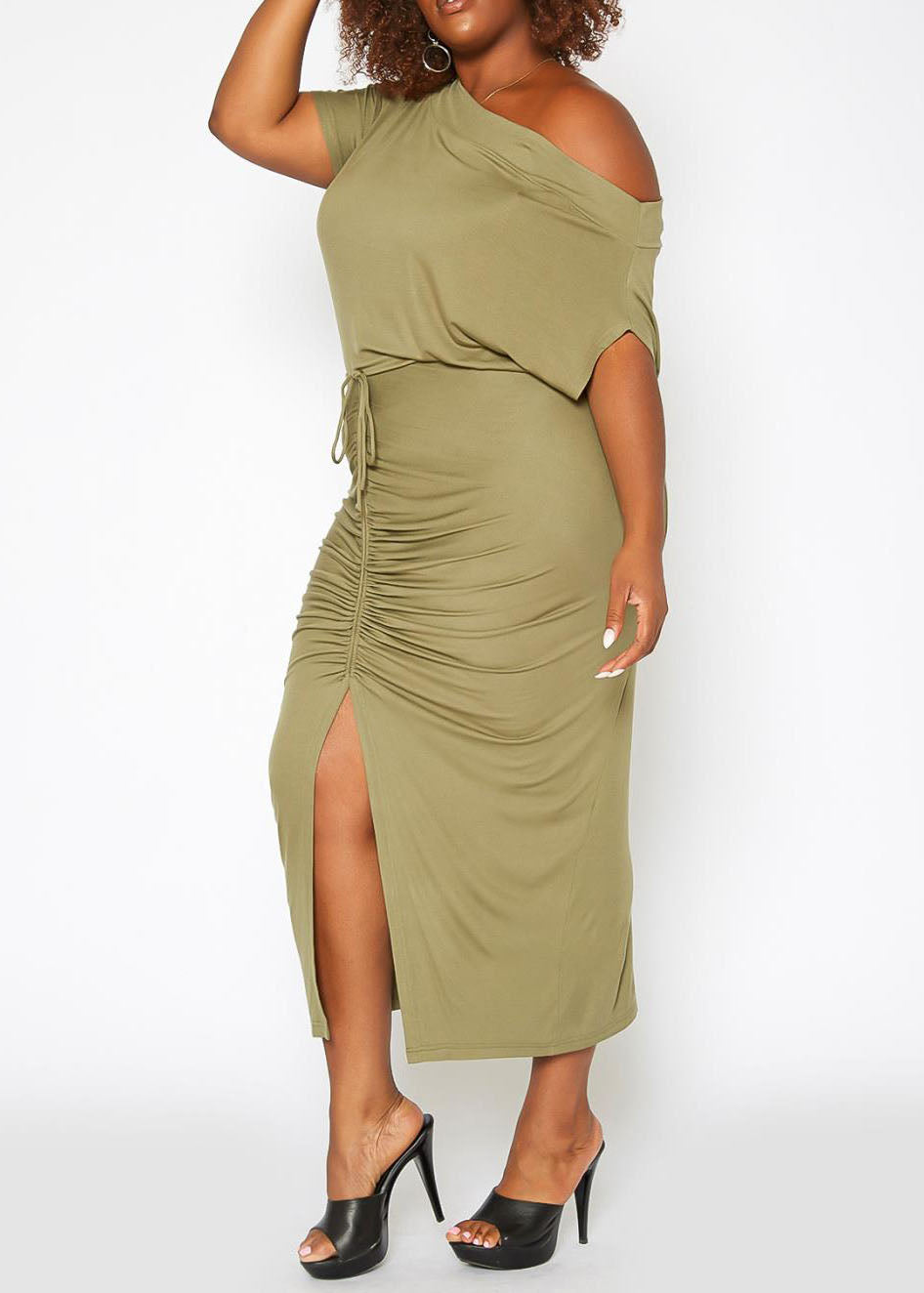 HI Curvy Plus Size Centered Drawstring Hem Maxi Dresses