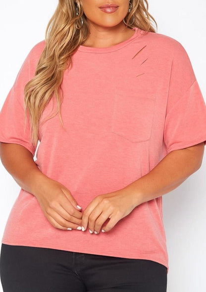Hi Curvy Plus Size Women Distressed Crew Neck T-Shirt