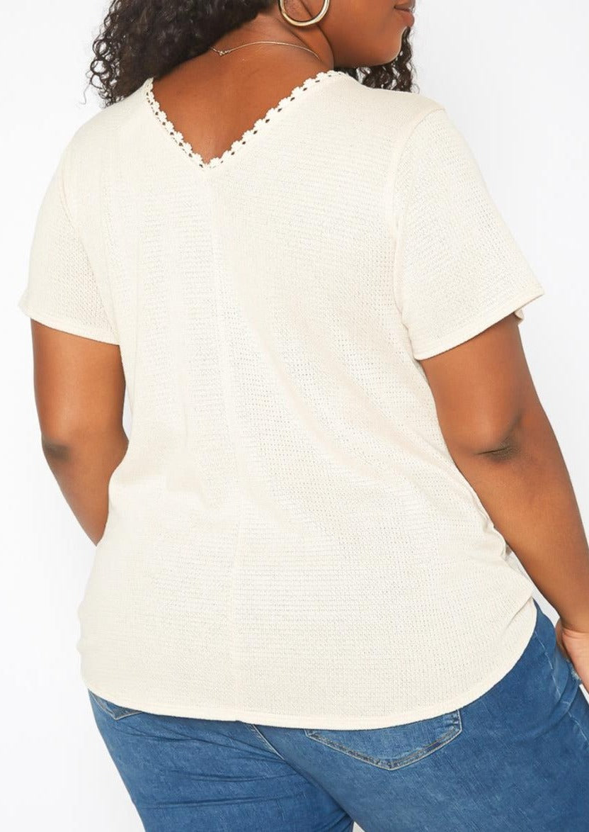 Hi Curvy Plus Size Women Crochet Trim V Neck Shirt