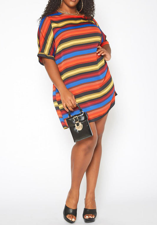 Hi Curvy Plus Size Women Multi Striped Shift Mini Dress  Made In USA