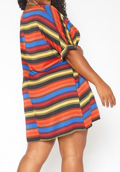 Hi Curvy Plus Size Women Multi Striped Shift Mini Dress  Made In USA