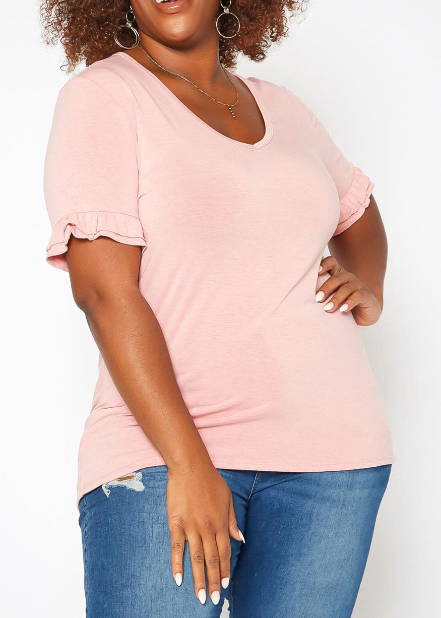 HI Curvy Plus Size Women Ruffle Trim V Neck Tee Shirt Made in USA