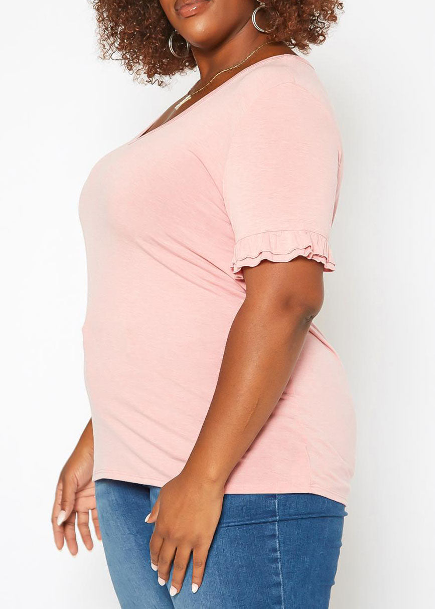 HI Curvy Plus Size Women Ruffle Trim V Neck Tee Shirt Made in USA