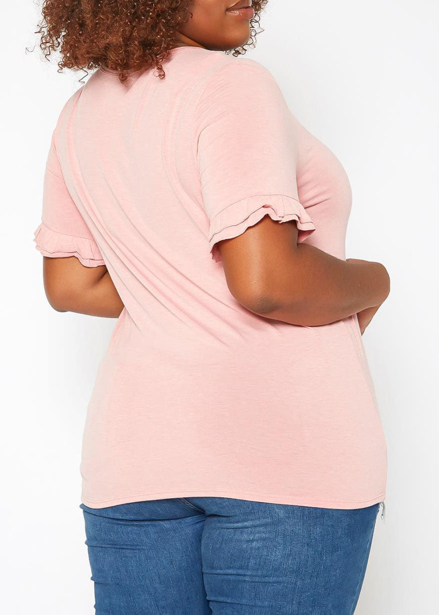 HI Curvy Plus Size Women Ruffle Trim V Neck Tee Shirt Made in USA
