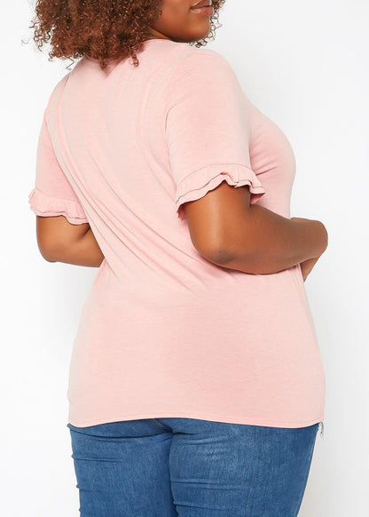 HI Curvy Plus Size Women Ruffle Trim V Neck Tee Shirt Made in USA