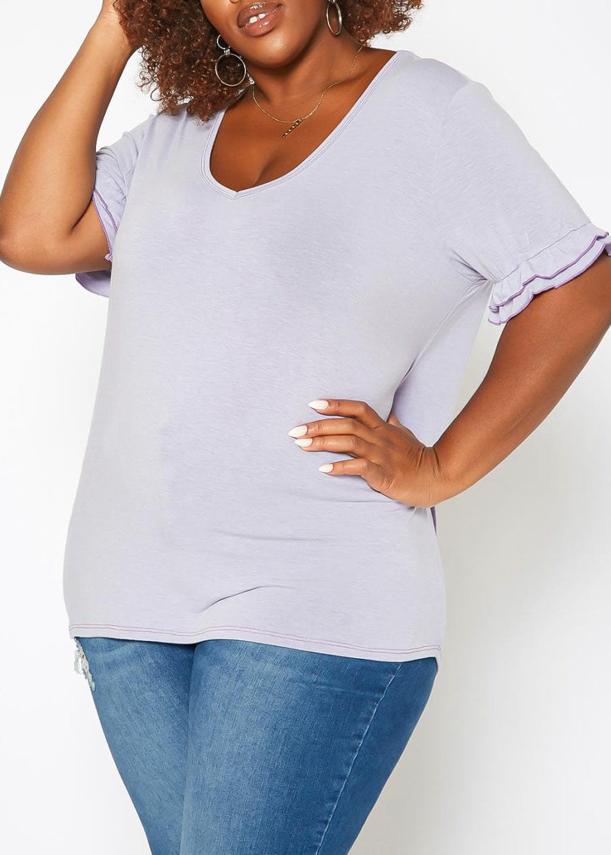 HI Curvy Plus Size Women Ruffle Trim V Neck Tee Shirt Made in USA