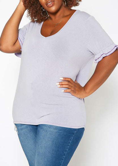 HI Curvy Plus Size Women Ruffle Trim V Neck Tee Shirt Made in USA