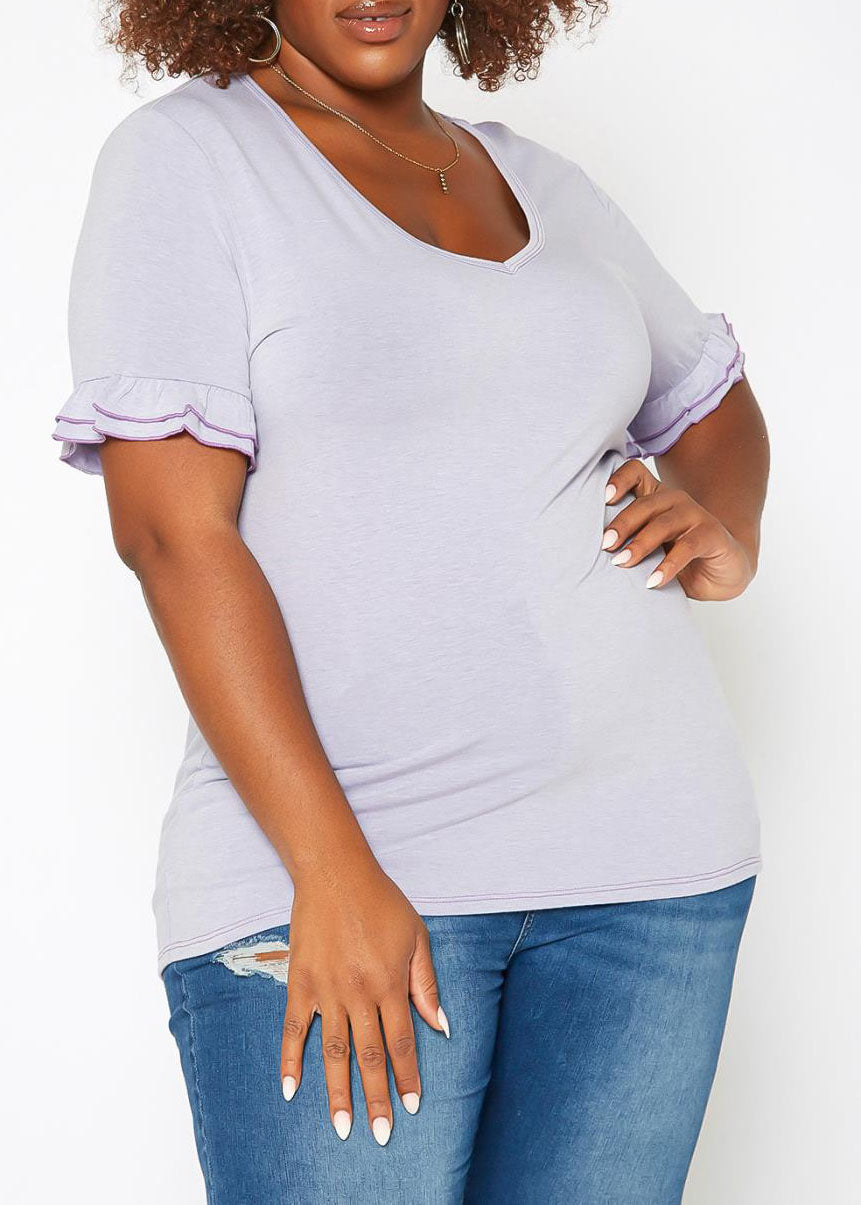 HI Curvy Plus Size Women Ruffle Trim V Neck Tee Shirt Made in USA
