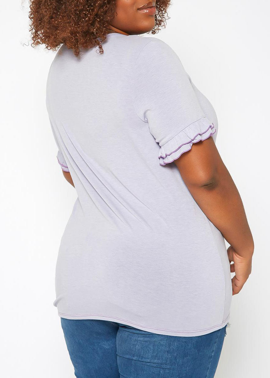 HI Curvy Plus Size Women Ruffle Trim V Neck Tee Shirt Made in USA