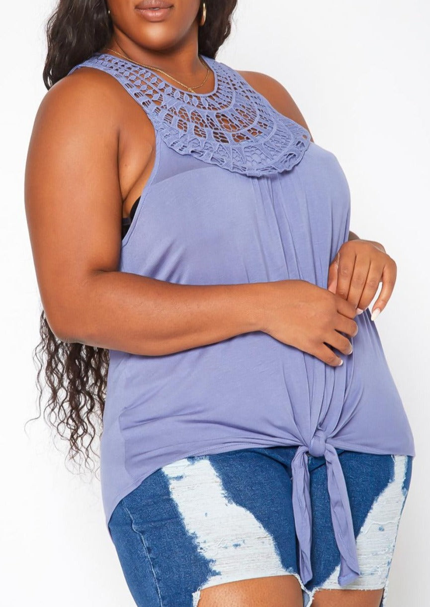 Hi Curvy Plus Size Crochet Hem Tassel Front Tank Top