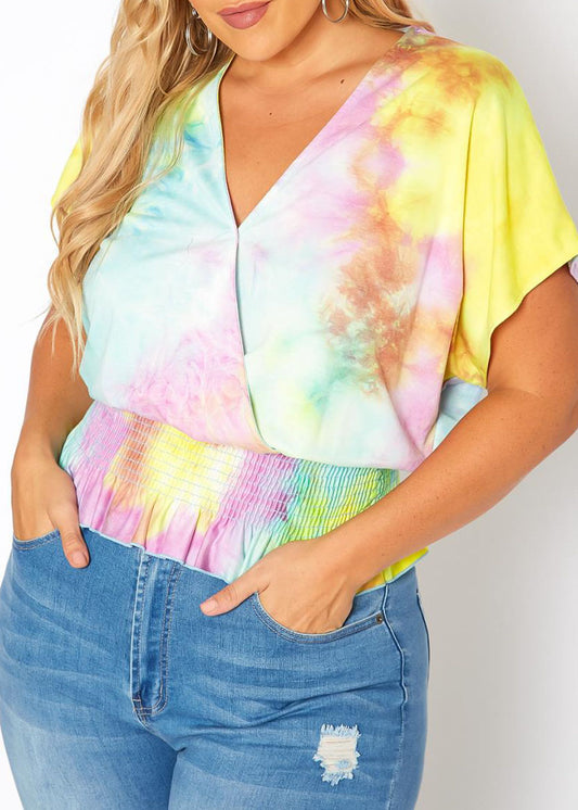 Hi Curvy Plus Size Women Tie Dye Smocked Top Made in USA