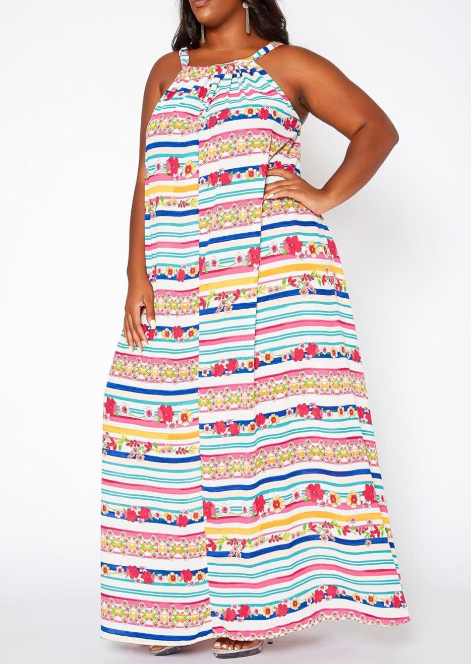 Hi Curvy Plus Size Women Plus Size Floral Striped Maxi Flare Dress with Pockets