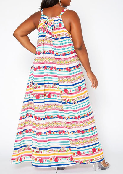 Hi Curvy Plus Size Women Plus Size Floral Striped Maxi Flare Dress with Pockets