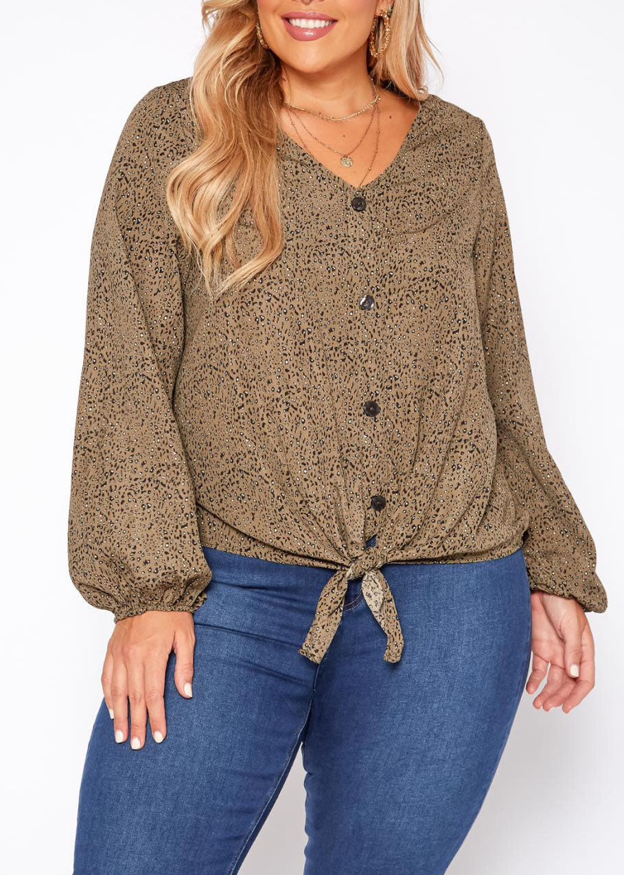 Hi Curvy Plus Size Women Leopard Print Long Sleeve Blouse