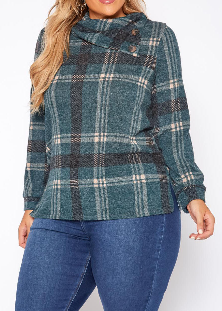 HI Curvy Plus Size Plaid Print Asymmetric Neck Sweater made in USA