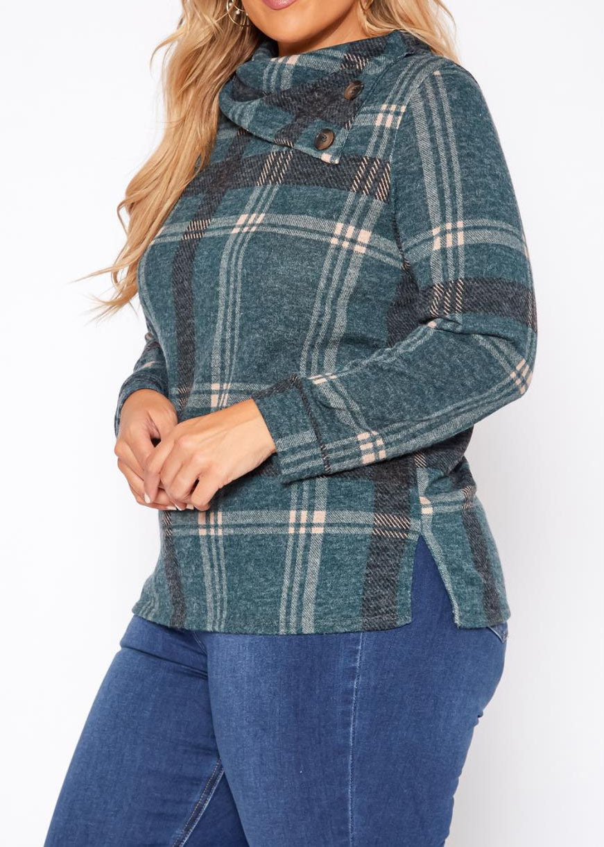 HI Curvy Plus Size Plaid Print Asymmetric Neck Sweater made in USA
