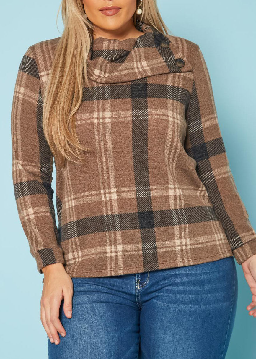 HI Curvy Plus Size Plaid Print Asymmetric Neck Sweater made in USA