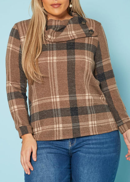 HI Curvy Plus Size Plaid Print Asymmetric Neck Sweater made in USA