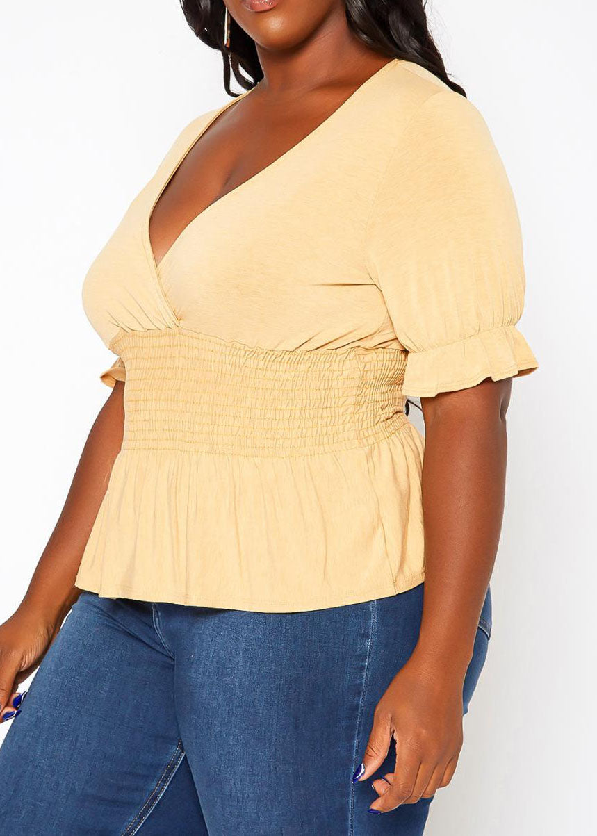 Hi Curvy Plus Size Smocked V Neck Top