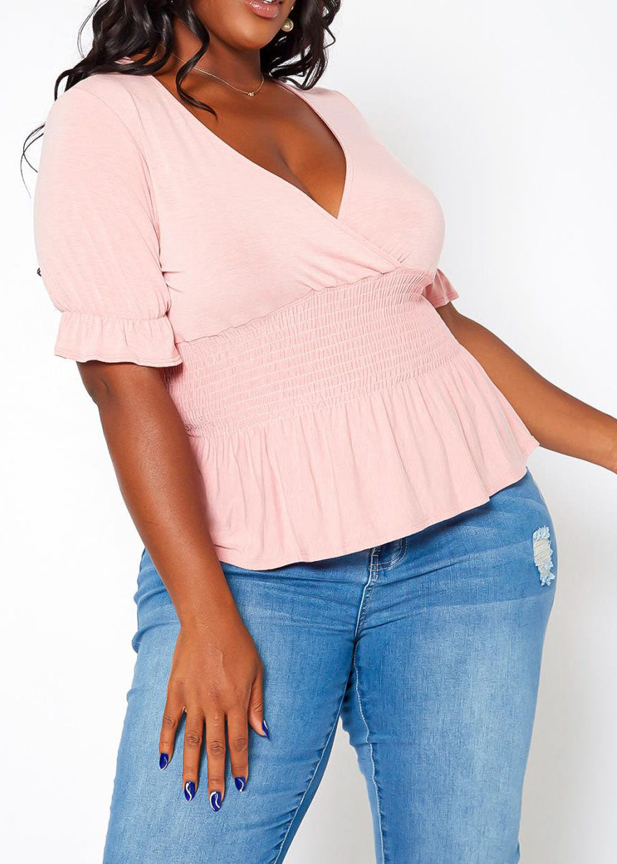 Hi Curvy Plus Size Smocked V Neck Top