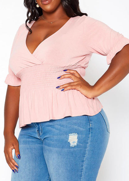 Hi Curvy Plus Size Smocked V Neck Top